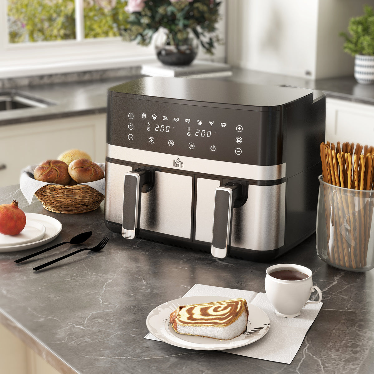 Friteuse à air sans huile, Air Fryer, double compartiment 8,5 L, 2700 W - 8 programmes, température réglable, minuterie