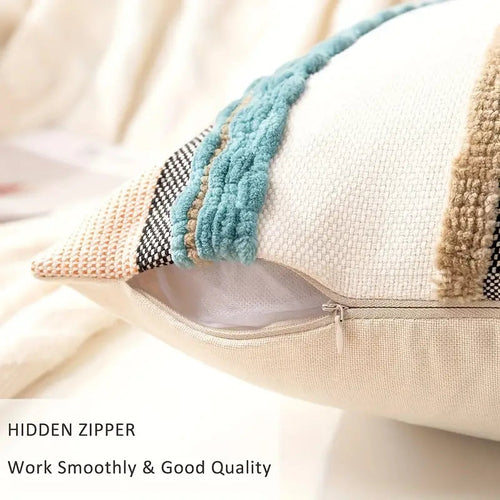 Housses de Coussin Chenille Rayées Boho 45x45 cm - Coton Lin Fermeture Éclair
