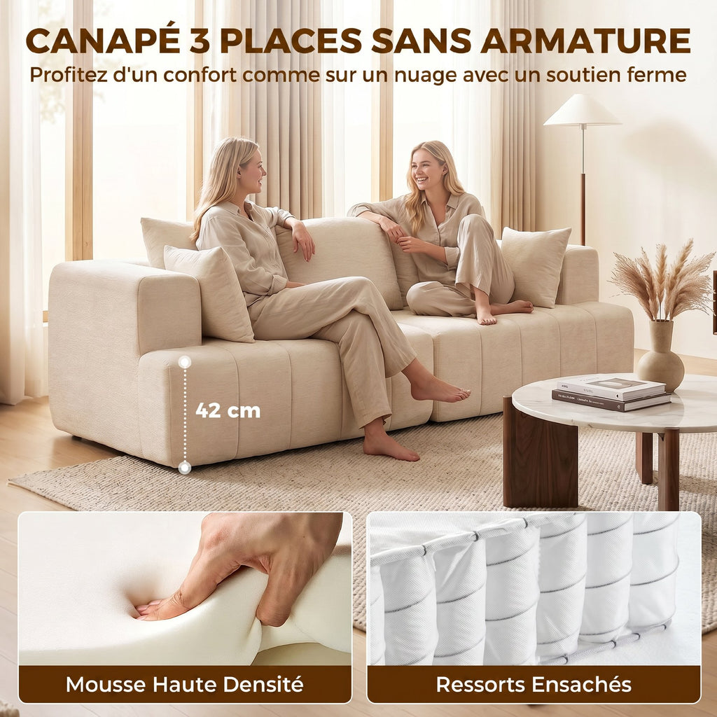 Canapé 3 places en chenille 248 cm, canapé salon moderne, large assise rembourrée, coussins à ressorts, beige