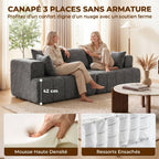 Canapé 3 places en chenille 248 cm, canapé salon moderne, large assise rembourrée, coussins à ressorts, gris