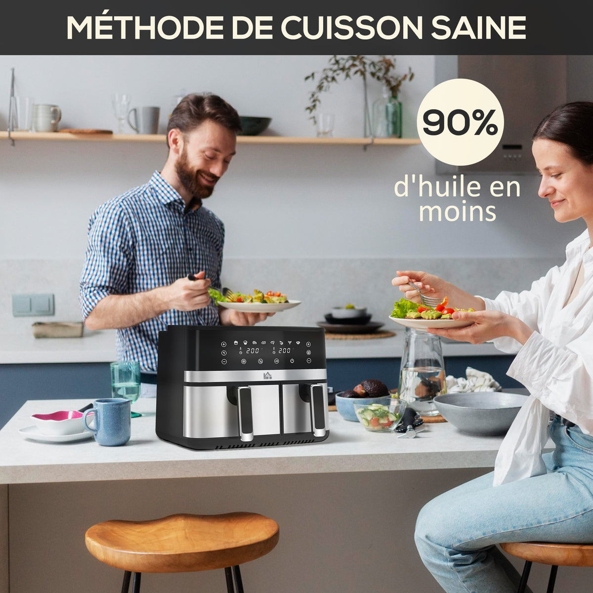 Friteuse à air sans huile, Air Fryer, double compartiment 8,5 L, 2700 W - 8 programmes, température réglable, minuterie