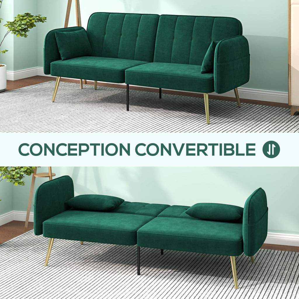 Canapé convertible 2 places canapé-lit canapé clic-clac en tissu velours avec dossier réglable, vert foncé