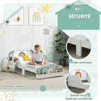Lit enfant 70 x 140 cm, lit pour enfant avec barriere de securite et sommier à lattes, espace de rangement, vert