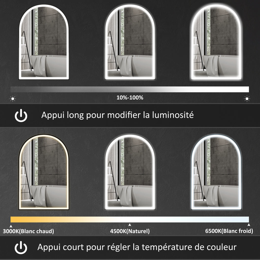 Miroir de salle de bain LED 90 x 60cm, mural, 3 couleurs, arqué cadre en aluminium, désembuage et interrupteur tactile