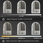 Miroir de salle de bain LED 90 x 60cm, mural, 3 couleurs, arqué cadre en aluminium, désembuage et interrupteur tactile