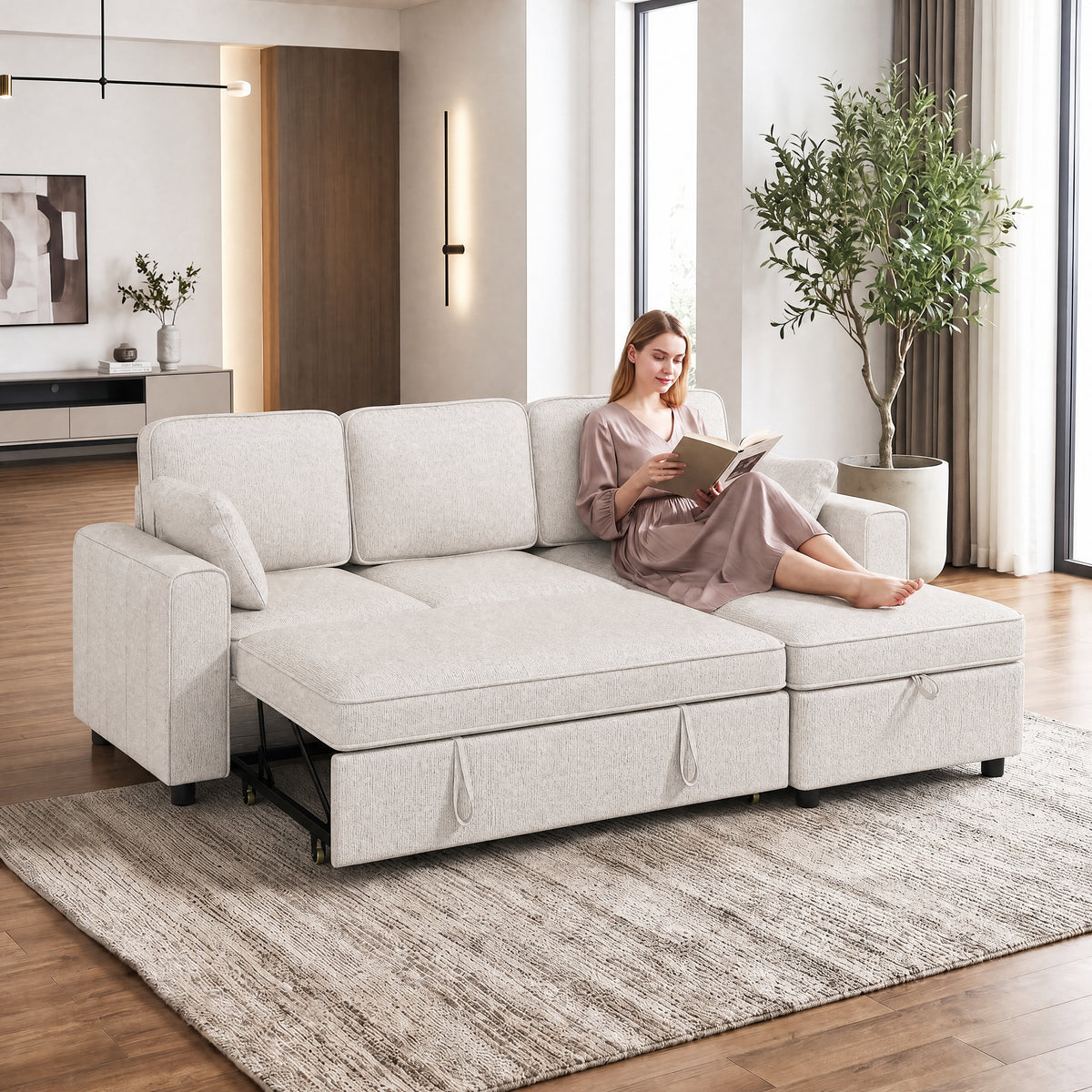 Canapé d'Angle Convertible en Chenille, Canapé-Lit 3 Places Modulaire 225 cm avec Pouf de Rangement, Beige