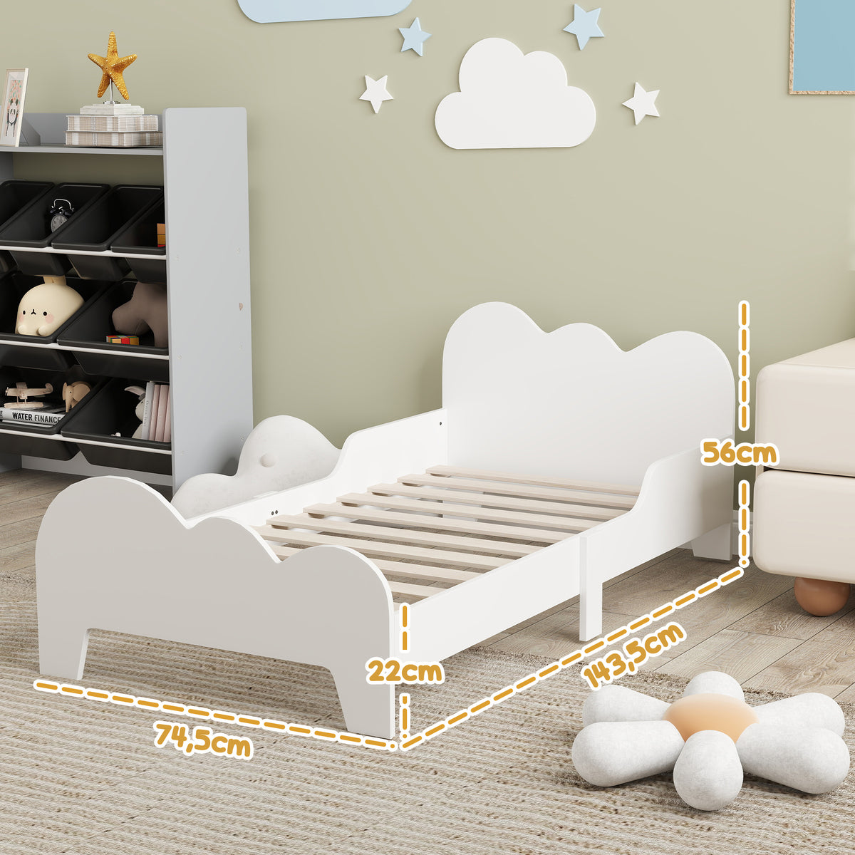 Lit enfant lit au sol enfant 70x140 cm avec barrière de sécurité, sommier à lattes inclus et décorations de nuage, blanc
