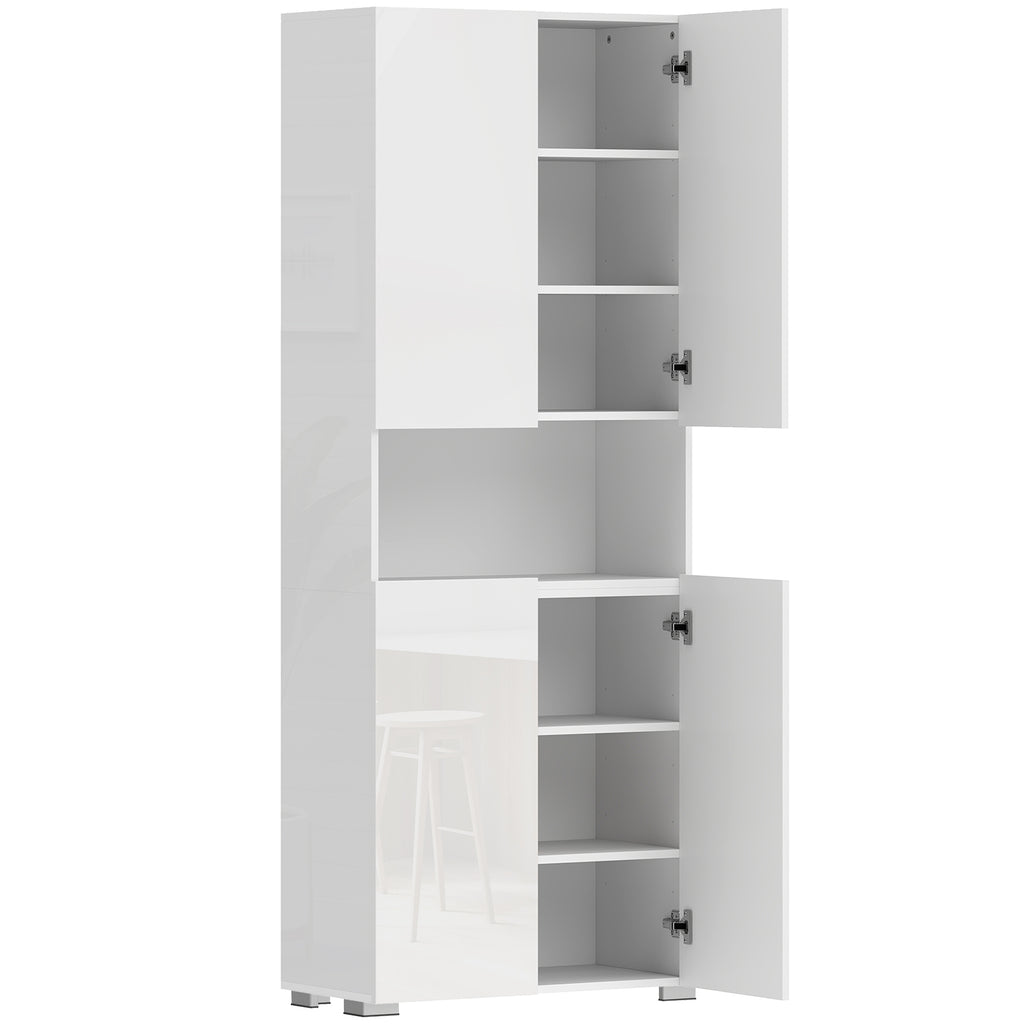 Buffet haut cuisine, armoire de cuisine, 4 portes à fermeture douce et étagères réglables, 68x34x180cm, blanc brillant
