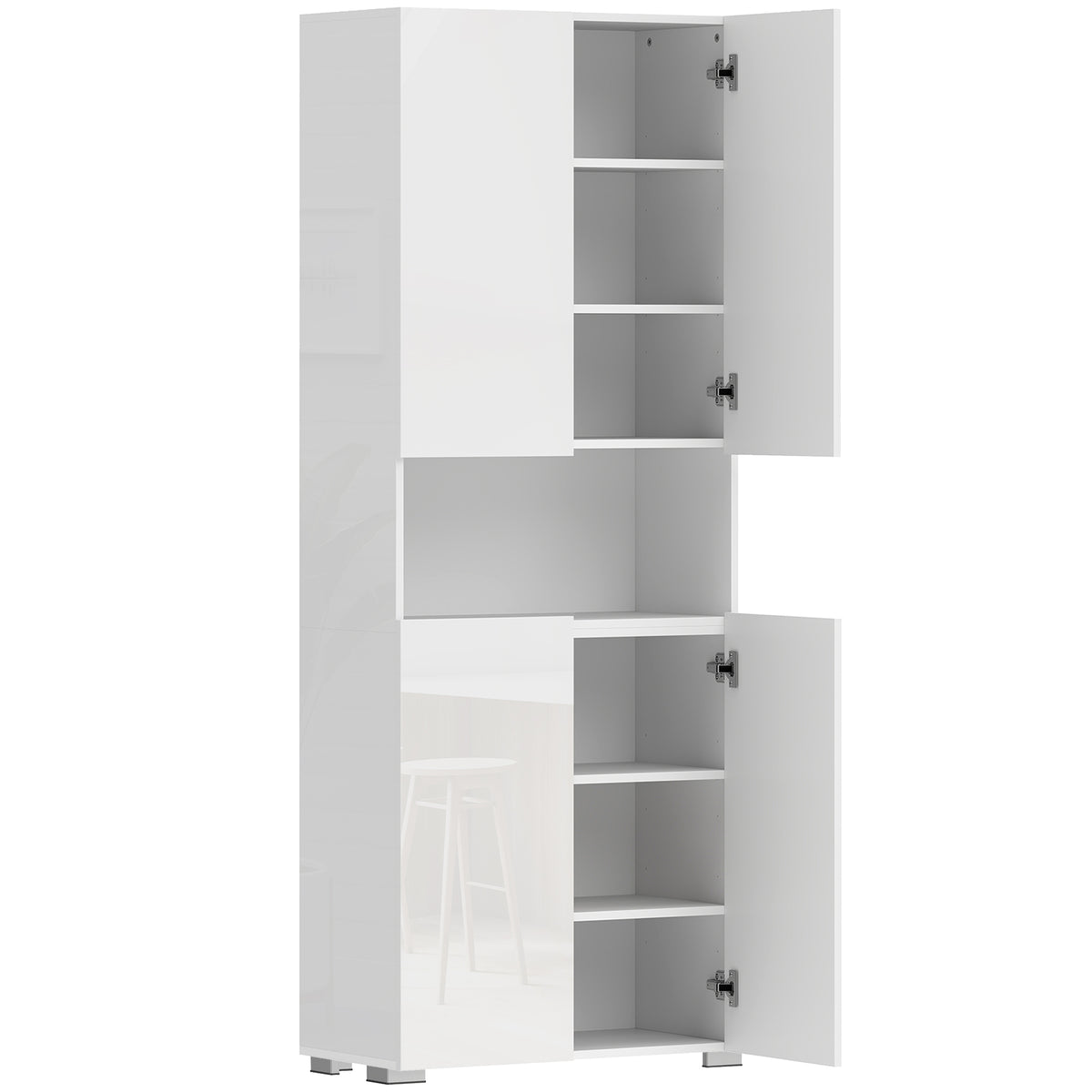 Buffet haut cuisine, armoire de cuisine, 4 portes à fermeture douce et étagères réglables, 68x34x180cm, blanc brillant