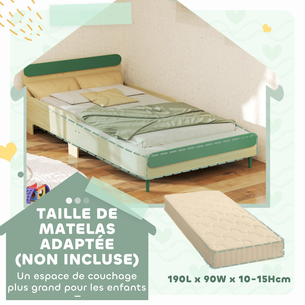 Lit pour enfant lit au sol enfant de 3 à 10 ans avec barrière de sécurité, sommier à lattes inclus, vert