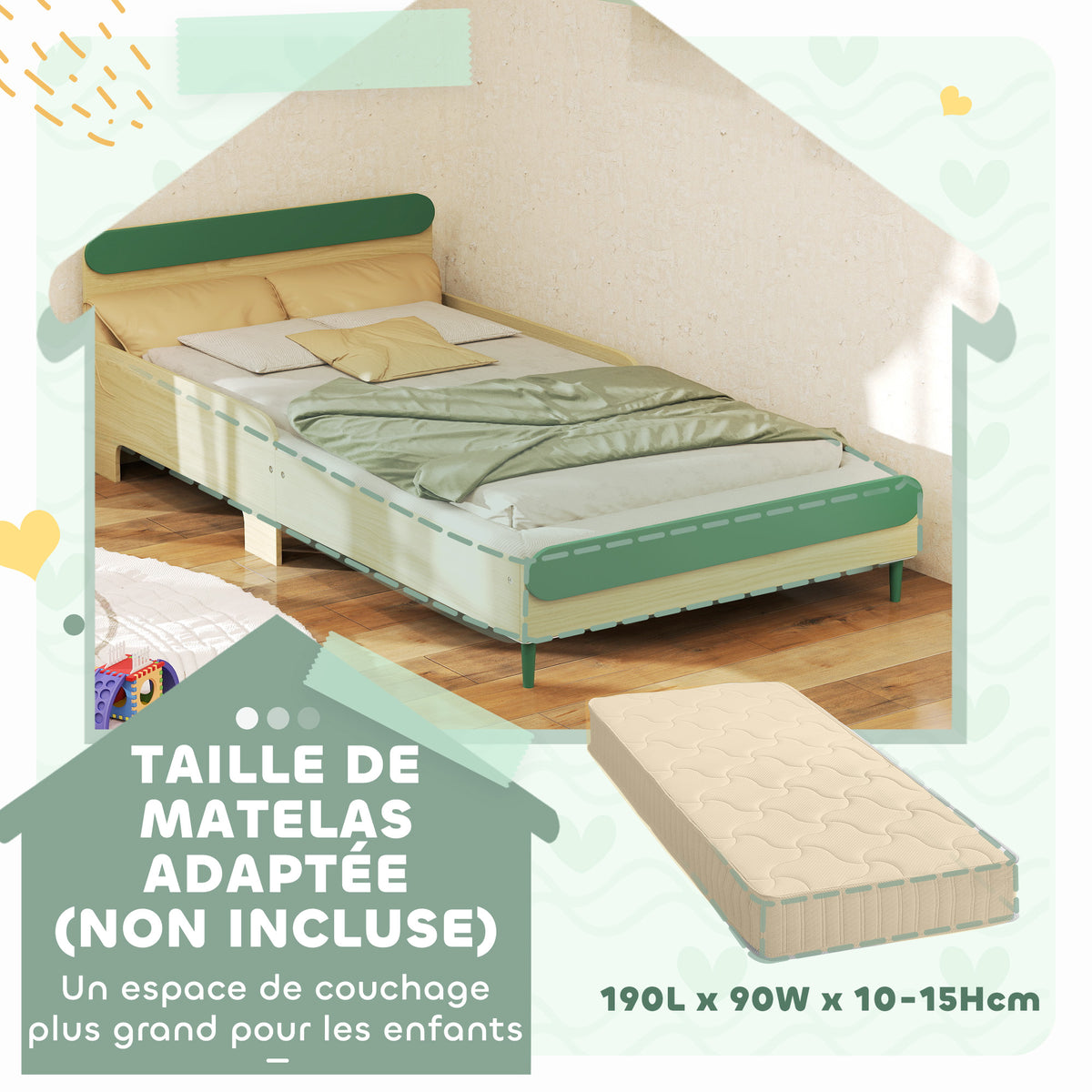 Lit pour enfant lit au sol enfant de 3 à 10 ans avec barrière de sécurité, sommier à lattes inclus, vert