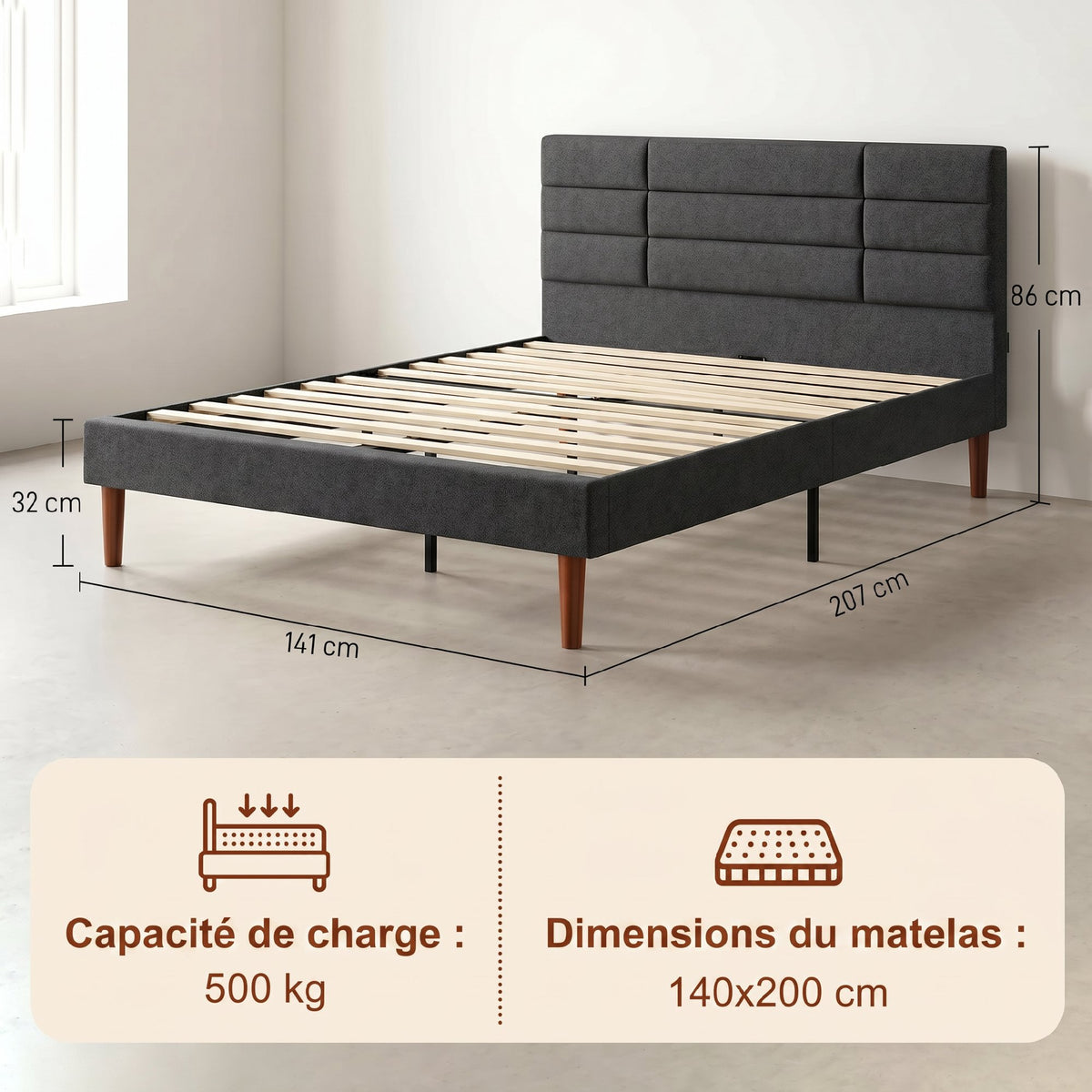 Cadre de Lit 140 x 200 cm avec Sommier Bois, Lit Double Rembourré en Effet Lin, Rangement au-dessous, Sans Bruit, Gris