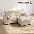 Canapé 3 Places avec Pouf de Rangement, Canapé d'Angle en Velours Côtelé, Assise Large, 2 Coussins, Beige