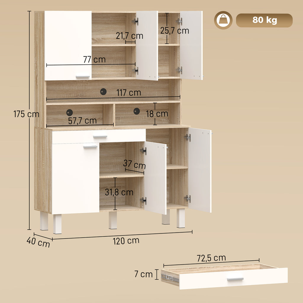 Buffet haut cuisine, armoire de cuisine, 6 portes, tiroir et étagères ouvertes, 120x40x175cm, blanc et bois naturel