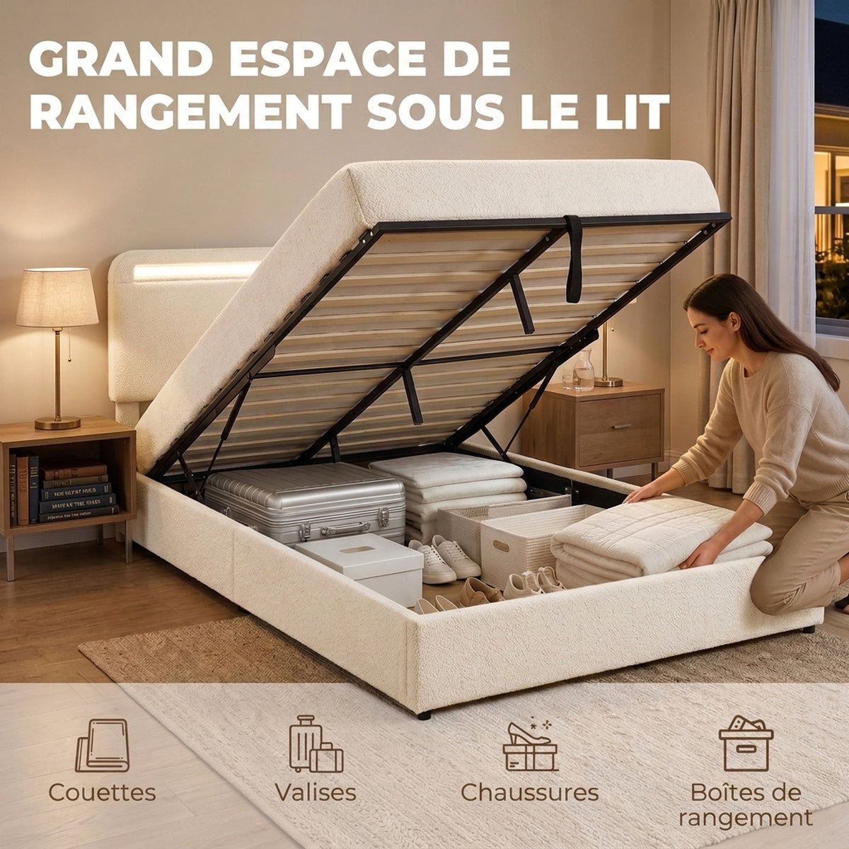 Lit Coffre 140 x 190 cm, LED RGB, Tête Réglable, Cadre de Lit Double Rembourré Velours, Rangement Hydraulique, Crème