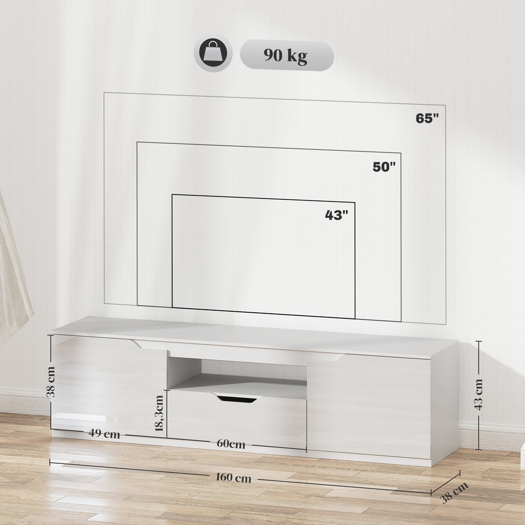 Meuble TV 160 cm, meuble télé pour téléviseur jusqu'à 65 pouces avec 2 portes et tiroir, blanc