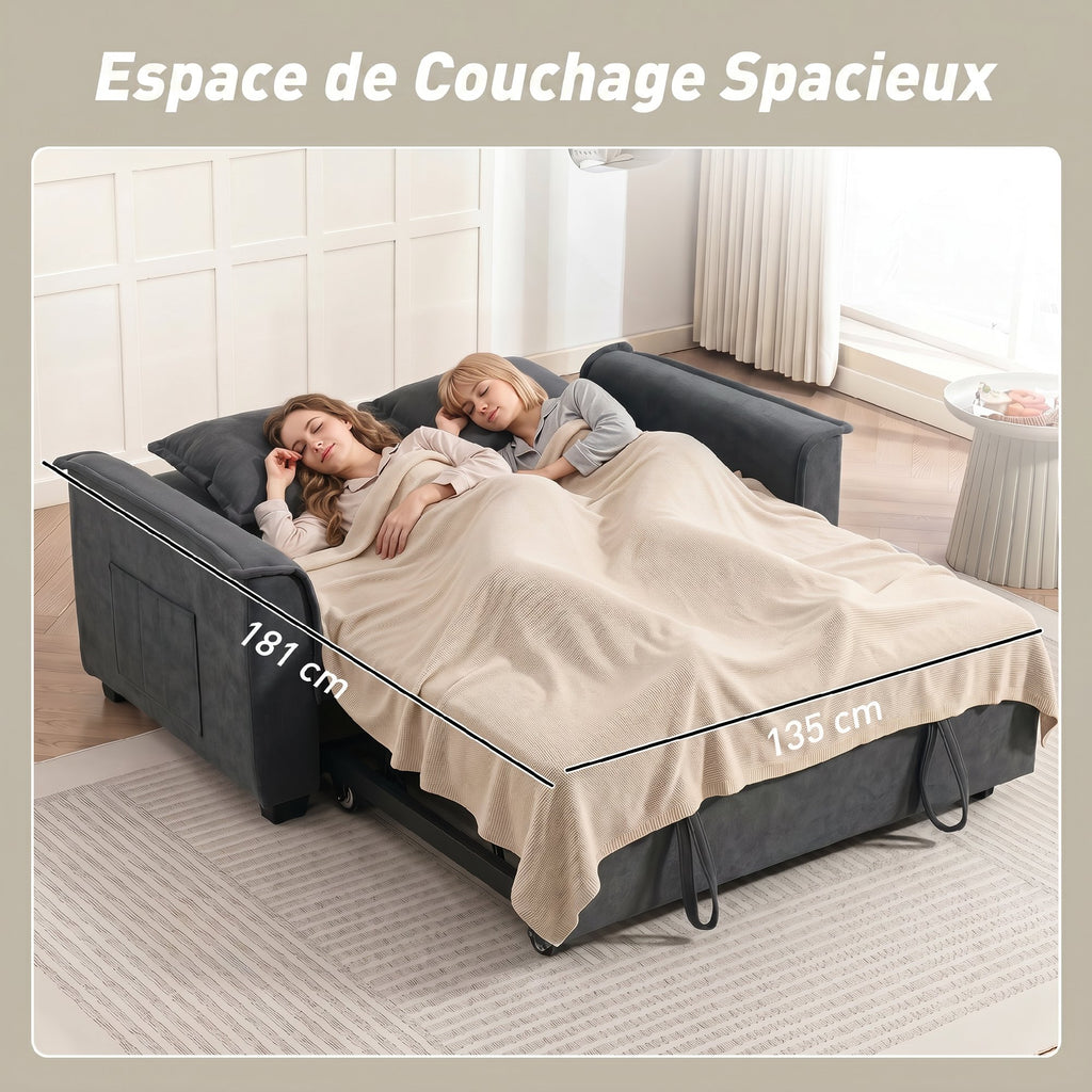 Canapé convertible 2 places, canapé-lit clic-clac en chenille, dossier réglable, 2 coussins, poche latérale, gris