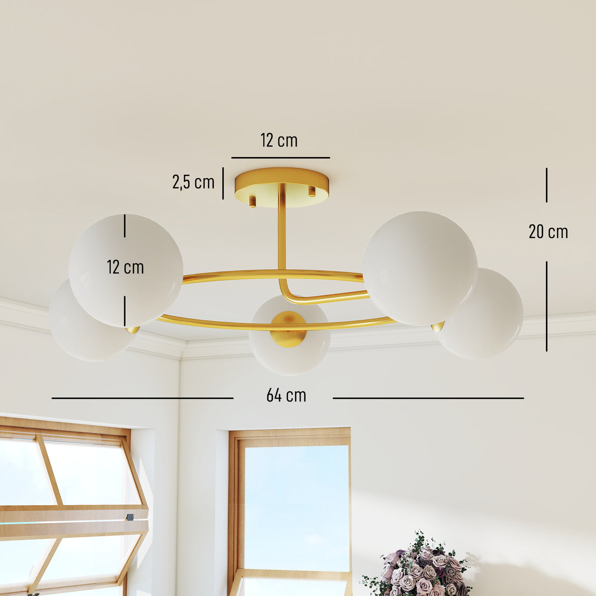 Plafonnier lustre moderne, luminaire plafonnier à 5 lumières avec culot G9, montage semi-affleurant, doré et blanc