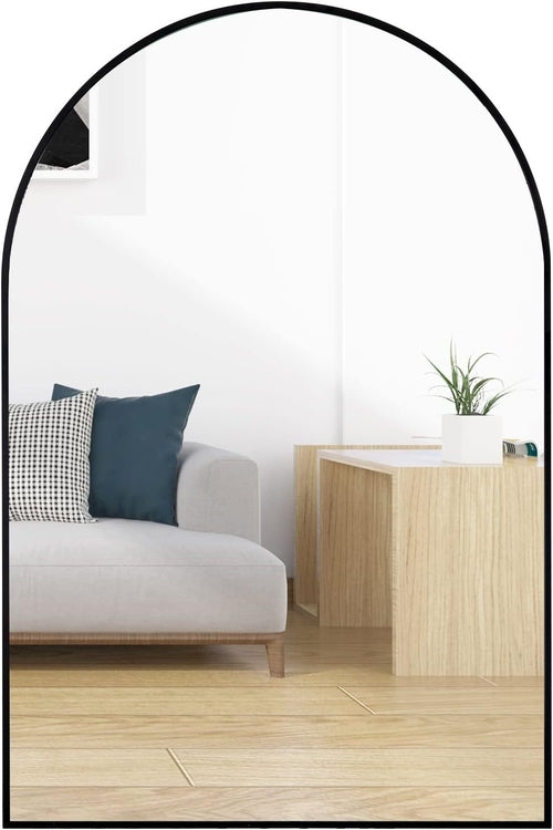 Miroir de salle de bain arqué encadré en métal noir de 60.94x91.44 cm pour mur.