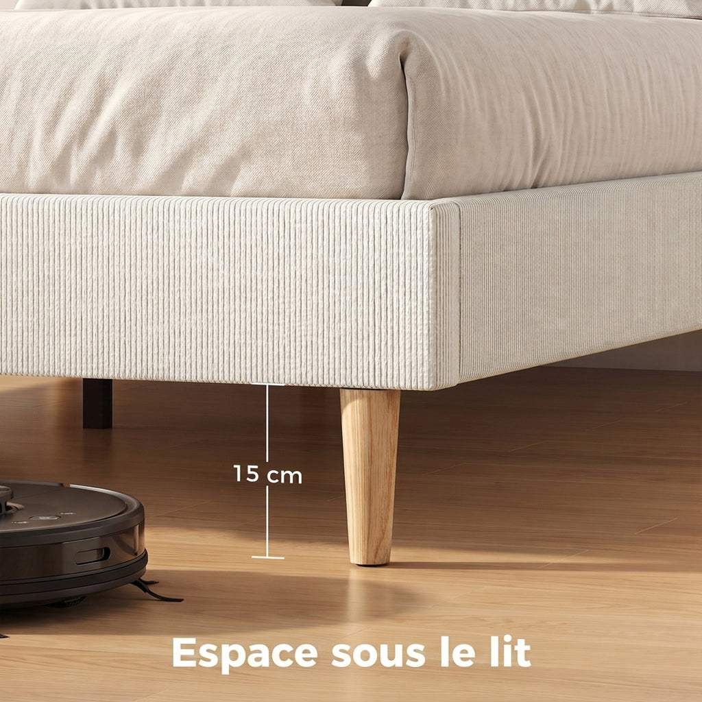 Cadre de Lit 140 x 190 cm avec Sommier, Lit Double Rembourré en Velours Côtelé, Espace de Rangement Au-Dessous, Crème