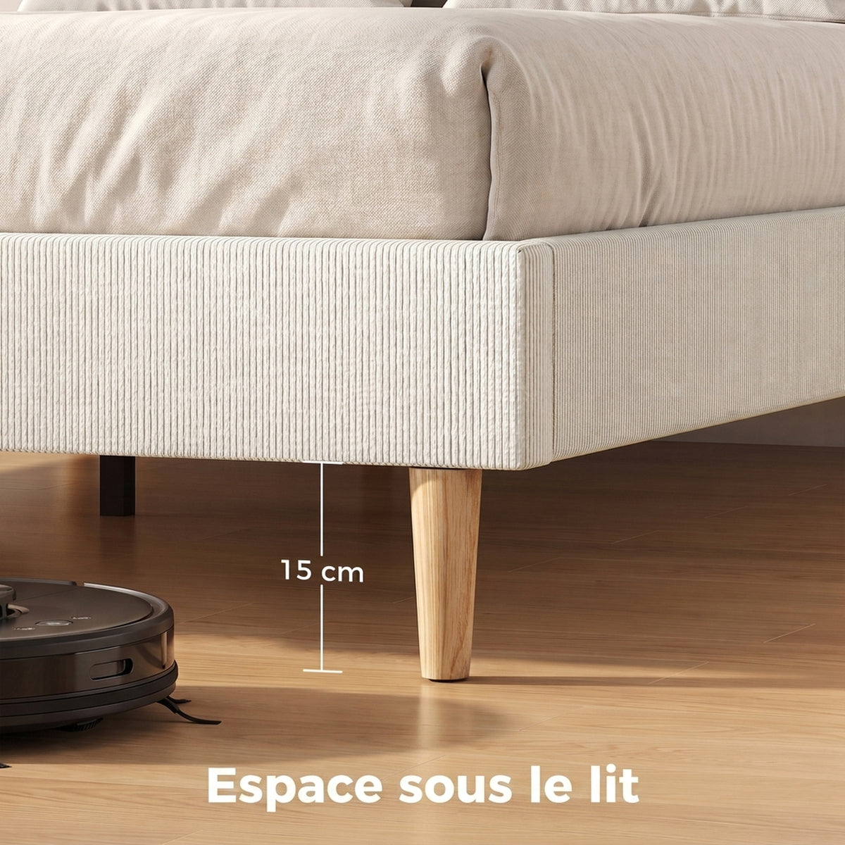 Cadre de Lit 140 x 190 cm avec Sommier, Lit Double Rembourré en Velours Côtelé, Espace de Rangement Au-Dessous, Crème