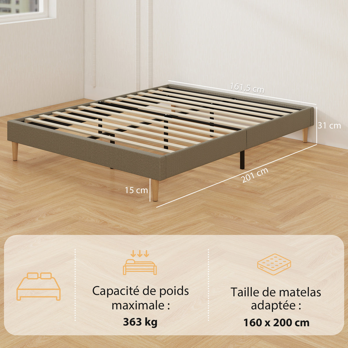 Cadre de lit 160 x 200 cm avec sommier à lattes en bois, lit double rembourré en velours côtelé, gris