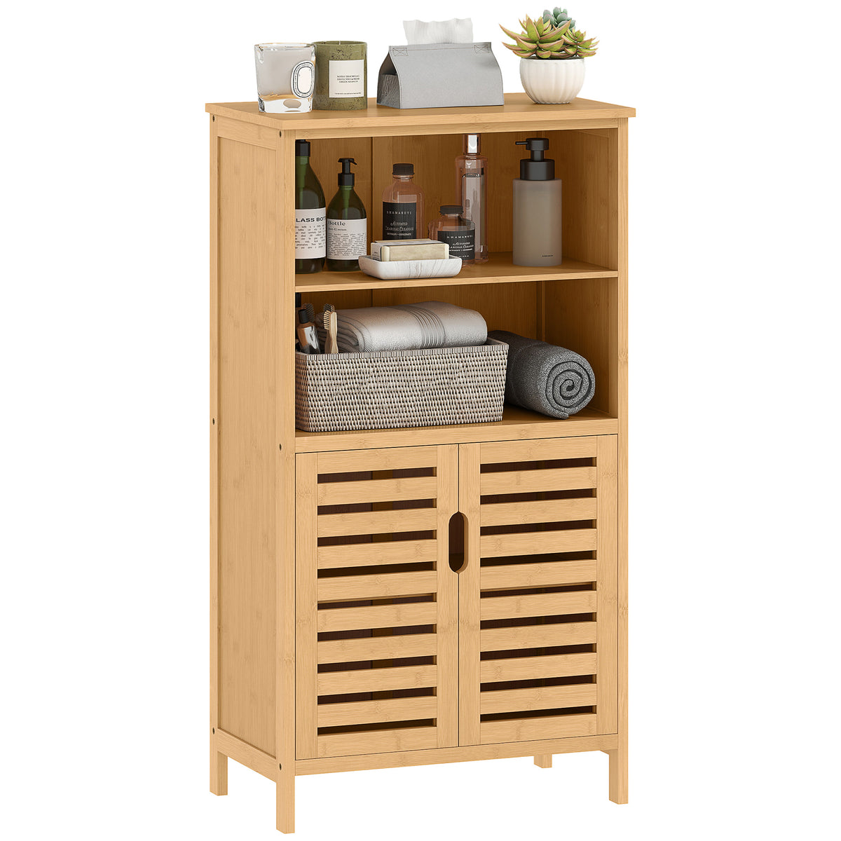 Meuble de rangement salle de bain en bambou avec 2 portes ajourées et 2 compartiments 50 x 29 x 92 cm naturel