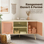 Meuble TV d'Angle 115 cm, Meuble Télé pour Téléviseur jusqu'à 65 Pouces, 2 Portes en Rotin  2 Compartiments, Chêne