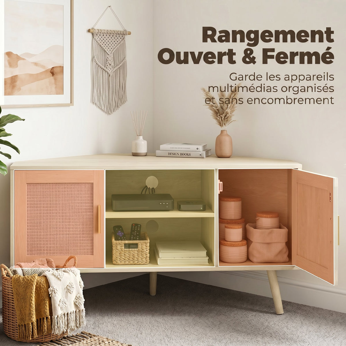 Meuble TV d'Angle 115 cm, Meuble Télé pour Téléviseur jusqu'à 65 Pouces, 2 Portes en Rotin  2 Compartiments, Chêne