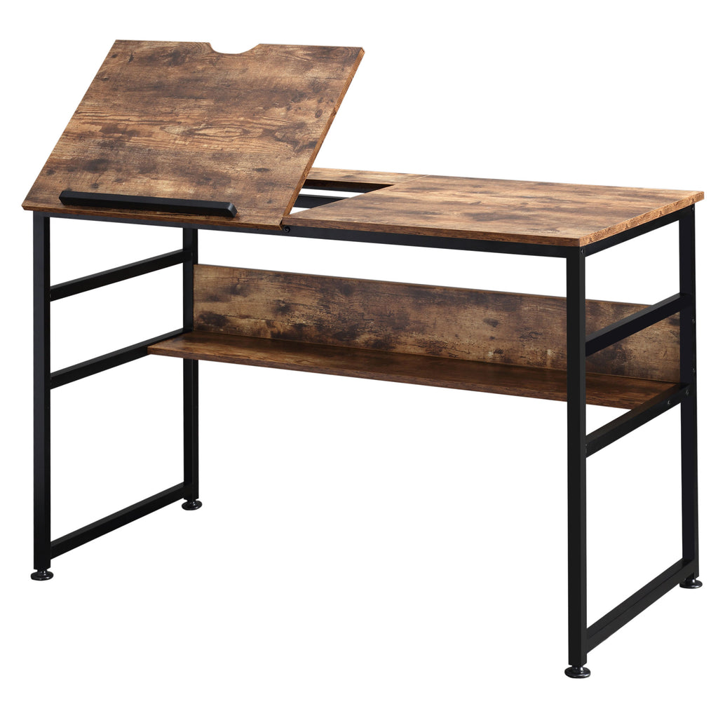 Bureau informatique design industriel - plateau relevable, étagère - panneaux particules aspect vieux bois métal noir