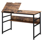 Bureau informatique design industriel - plateau relevable, étagère - panneaux particules aspect vieux bois métal noir