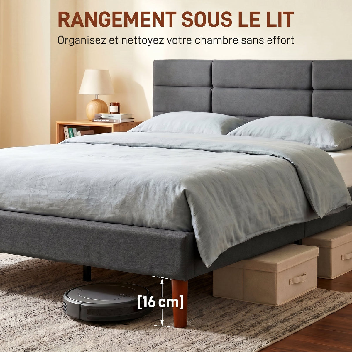 Cadre de Lit 140 x 200 cm avec Sommier Bois, Lit Double Rembourré en Effet Lin, Rangement au-dessous, Sans Bruit, Gris