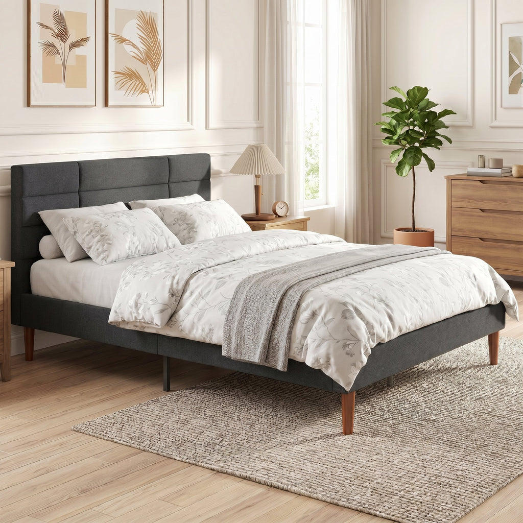 Cadre de Lit 140 x 200 cm avec Sommier Bois, Lit Double Rembourré en Effet Lin, Rangement au-dessous, Sans Bruit, Gris