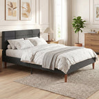 Cadre de Lit 140 x 200 cm avec Sommier Bois, Lit Double Rembourré en Effet Lin, Rangement au-dessous, Sans Bruit, Gris
