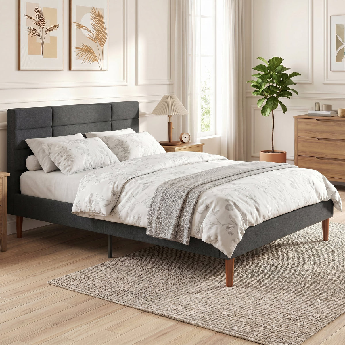 Cadre de Lit 140 x 200 cm avec Sommier Bois, Lit Double Rembourré en Effet Lin, Rangement au-dessous, Sans Bruit, Gris