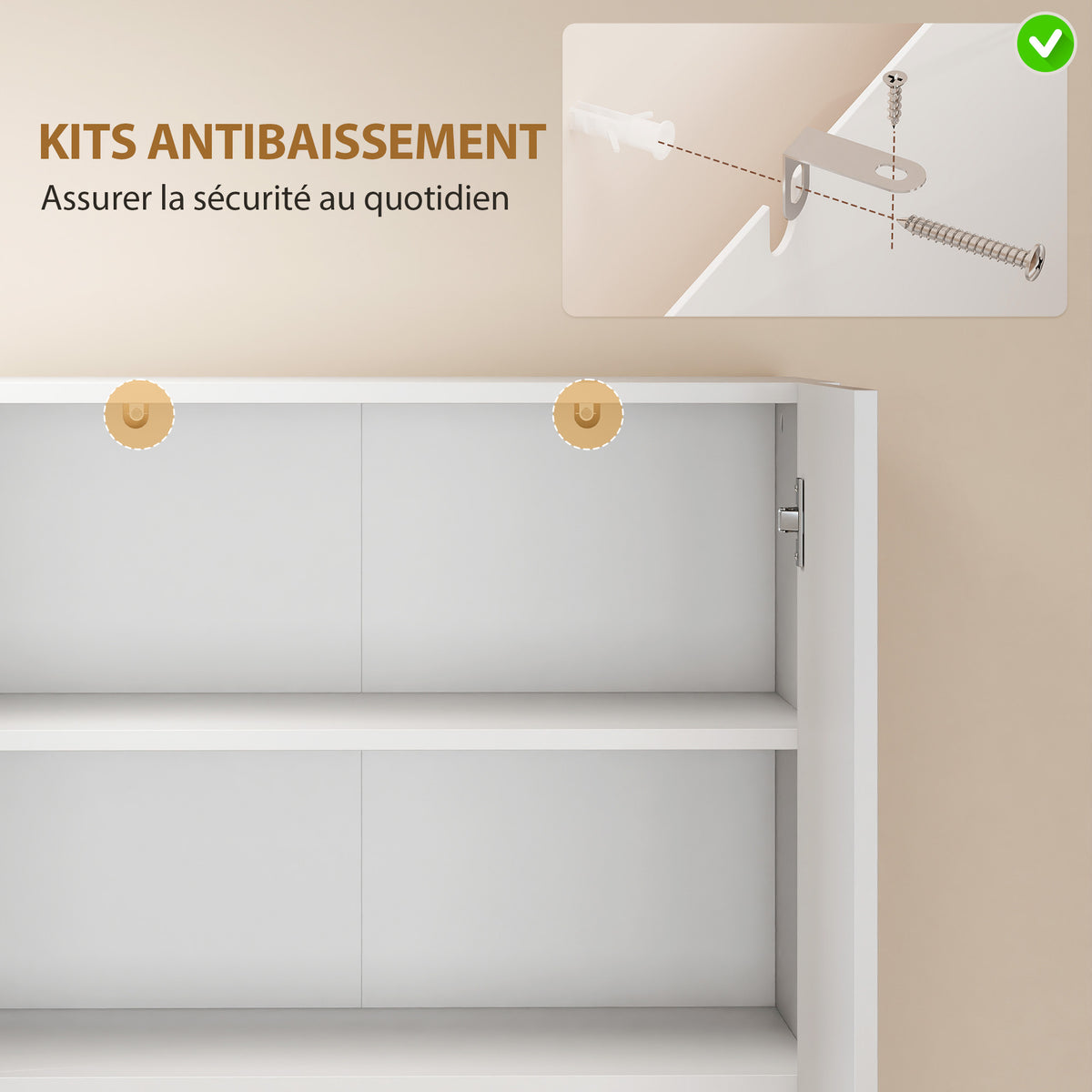 Buffet haut cuisine, armoire de cuisine, 4 portes à fermeture douce et étagères réglables, 68x34x180cm, blanc brillant