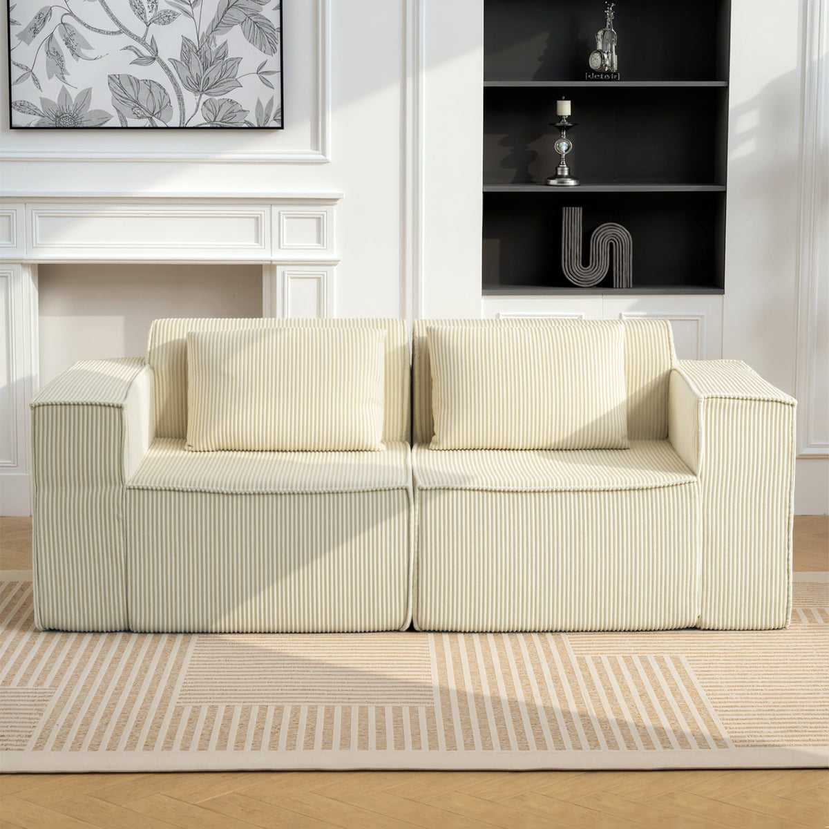 Canapé 3 places en velours côtelé, canapé rembourré, larges accoudoirs, 2 coussins, pas de montage, 202x90x76cm, beige