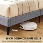Cadre de Lit 140 x 190 cm avec Sommier, Lit Double Rembourré en Lin, Tête Capitonnée, Support à 10 Lattes, Gris