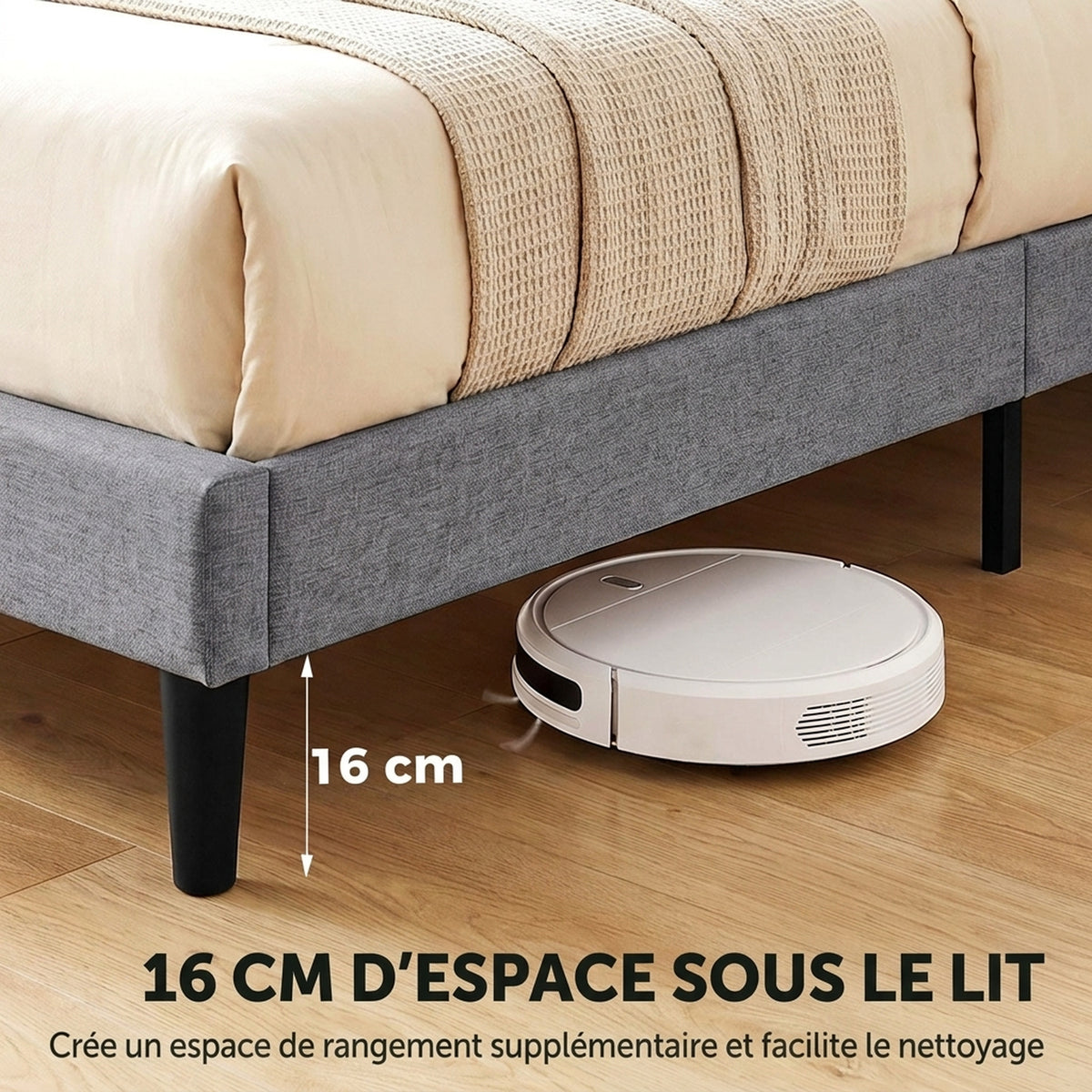 Cadre de Lit 140 x 190 cm avec Sommier, Lit Double Rembourré en Lin, Tête Capitonnée, Support à 10 Lattes, Gris