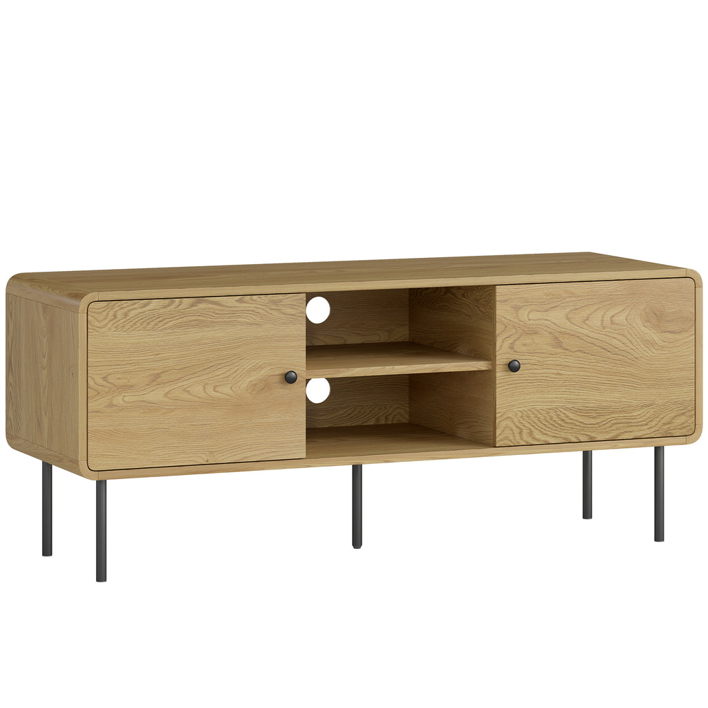 Meuble TV, meuble télé jusqu'à 55 pouces avec 2 portes, 2 compartiments ouverts, pieds en acier, 120x40x50cm, chêne
