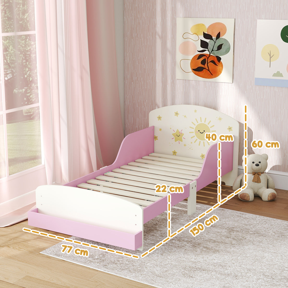 Lit enfant 70 x 140 cm, lit pour enfant avec barriere de securite et sommier à lattes, espace de rangement, rose