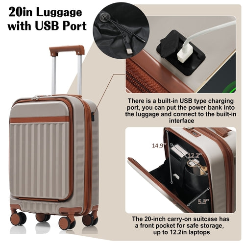 Ensemble de bagages de 3, 20 pouces avec port USB, conception d’ouverture avant Airline