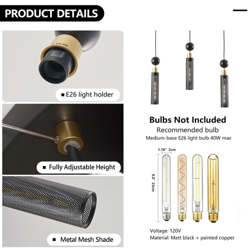 Suspension 3 Lumières Noir & Doré - Lustre Moderne Hauteur Ajustable