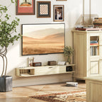 Meuble TV Suspendu Bois Naturel 140 cm – Tiroir Rabattable, 2 Étagères, Pour TV jusqu'à 60"