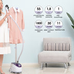 Défroisseur Vapeur Vertical Défroisseur à Vêtements 1,8 L 1800 W, Débit Vapeur 30g/min, Tige Télescopique, Blanc Violet