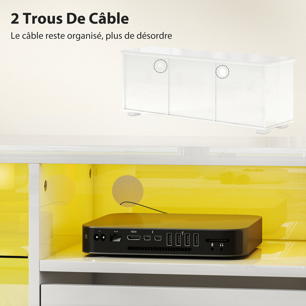Meuble TV 120 cm, meuble télé pour téléviseur jusqu'à 55 pouces éclairage LED et télécommande étagères en verre blanc