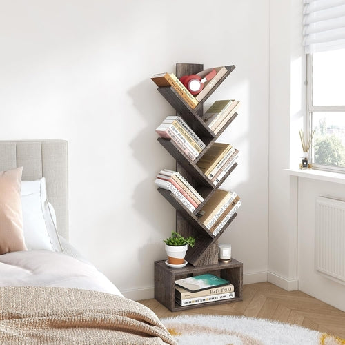 6 Tier Tree Bookshelf Bookcase With Drawer Grey Office