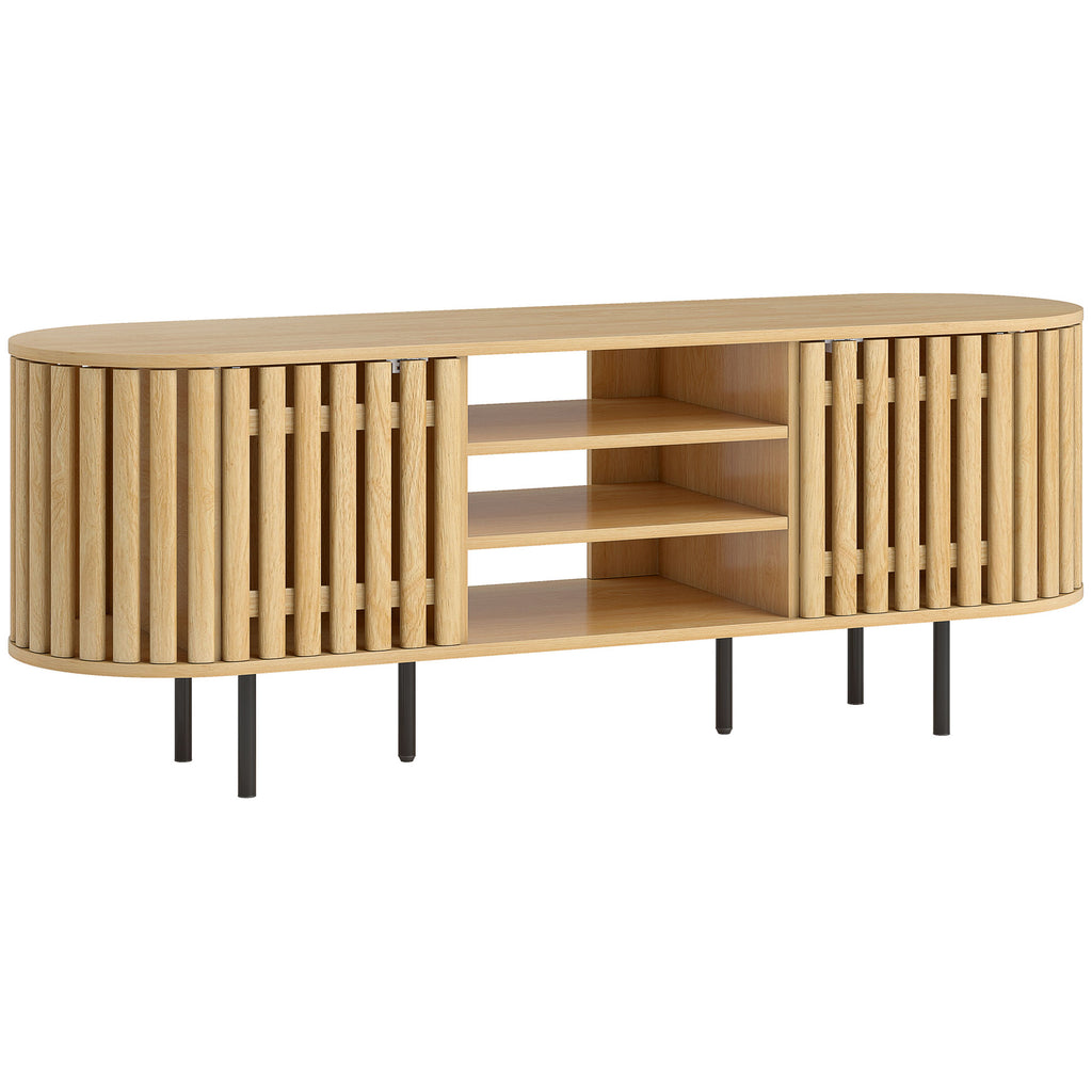Meuble TV, meuble télé pour téléviseur 60 pouces, 2 portes à lattes, 140x40x52cm, bois naturel