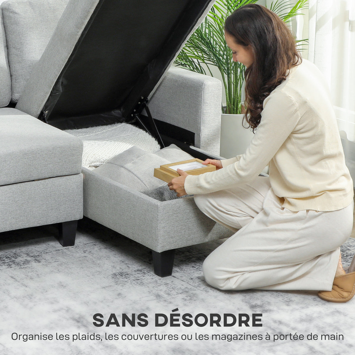 Canapé d'angle convertible réversible, canapé-lit 3 places, méridienne, coffre de rangement, 197lx129x 85cm, gris clair