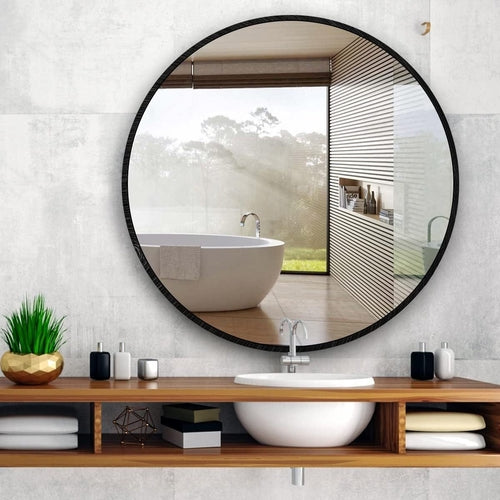 Miroir de salle de bain rond encadré en métal noir de 99cm pour mur.